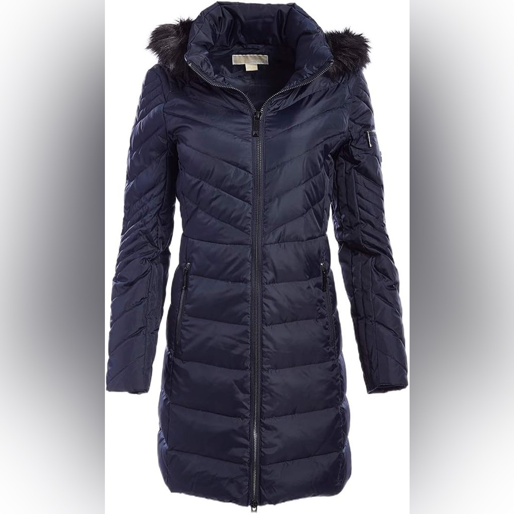 MICHAEL KORS Women Navy Blue DOWN Puffer Hooded Winter Coat Faux Fur Size small